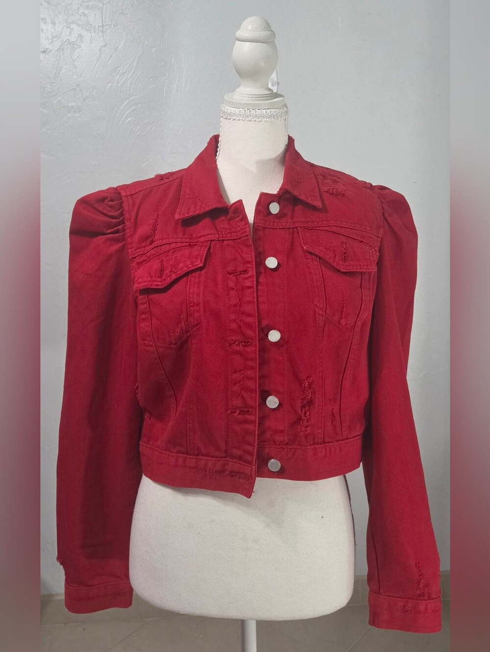 BLANKNYC Denim Jacket M Red Cropped Distressed Puff Sleeve Edgy Grunge Rocker - Picture 2 of 15